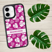 Monstera Leaf Tropical Pink White Magenta Monogram