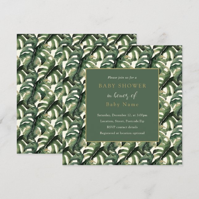 Monstera leaf unisex invitación a la ducha de bebé (Anverso / Reverso)