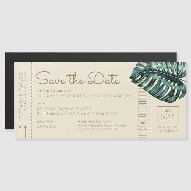 Monstera Tan Boarding Pass Magnet Save the Date (Anverso/Reverso)