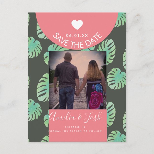 Monsteras color de agua rosa Guardar postal de fec (Anverso)