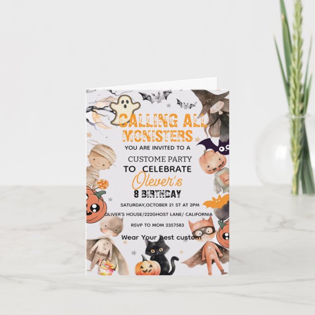 Monstruo adorable de Halloween Invitación de cumpl (Anverso)