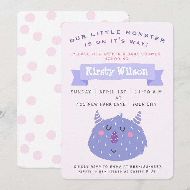 Monstruo Cute Purple | Invitación de Baby Shower (Anverso / Reverso)