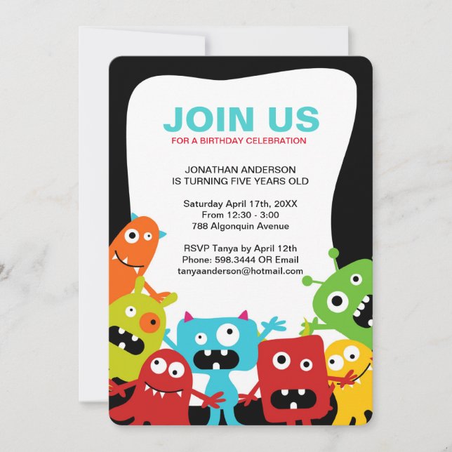Monstruos coloridos - Invitación a la fiesta de cu (Anverso)