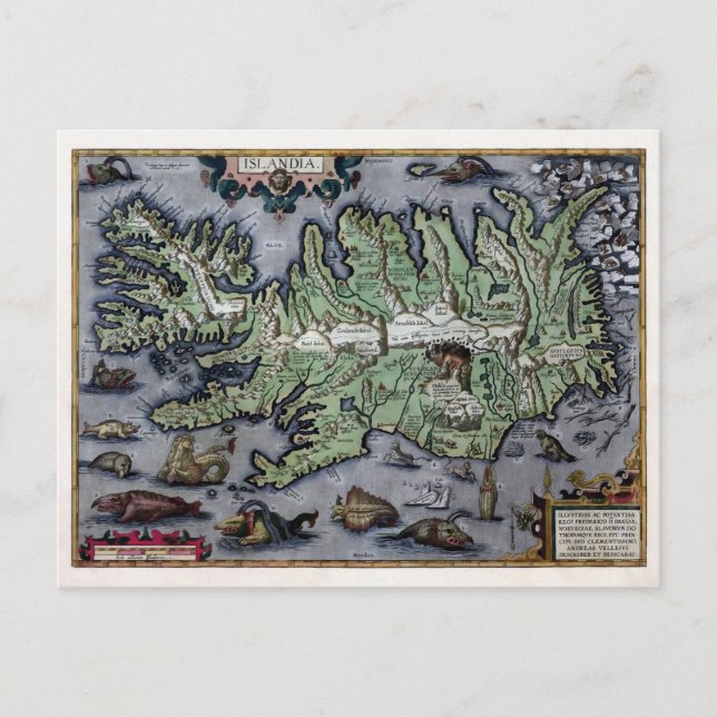 Monstruos marinos de Islandia postal de mapa 1585 (Anverso)
