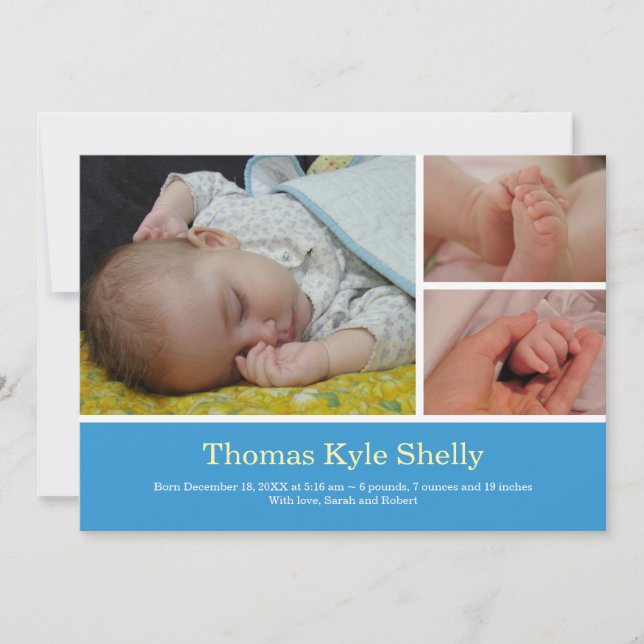 Montaje 3 foto anuncio de nacimiento de bebé azul  (Anverso)