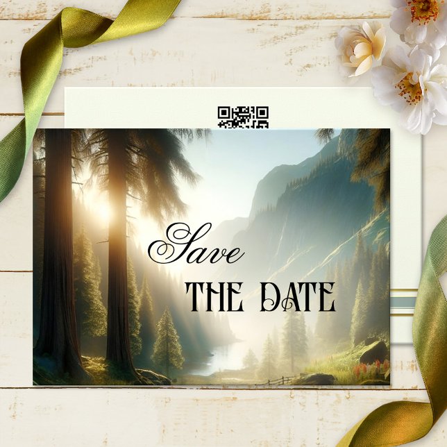 Montaña boscosa encantada Guardar tarjeta de fecha (A dreamy Save the Date card featuring a painting of an enchanted forest in the mountains - with QR)