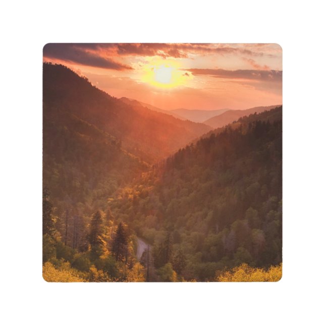 montaña hermoso atardecer arte mural Metalizado (Anverso)