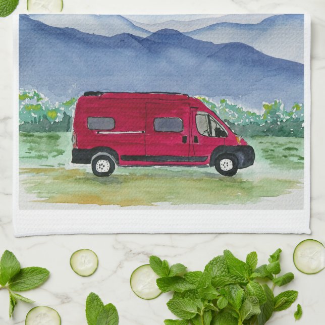 Montaña Scene Van Life Kitchen Toalla Red Van (Doblado)
