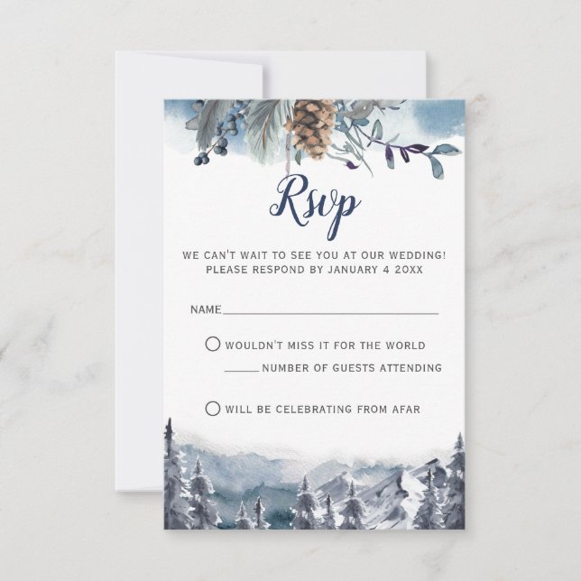 Montañas acuáticas, tarjeta RSVP floral azul (Anverso)