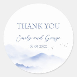 Montañas azules y pegatinas de bodas de aves