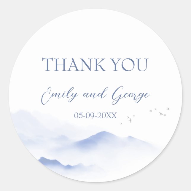 Montañas azules y pegatinas de bodas de aves (Anverso)