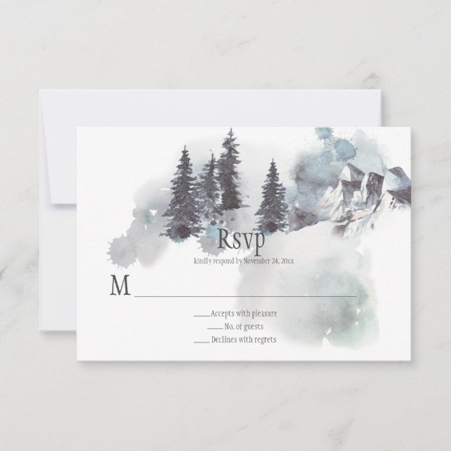 Montañas cubiertas de nieve Pinos Boda RSVP (Anverso)