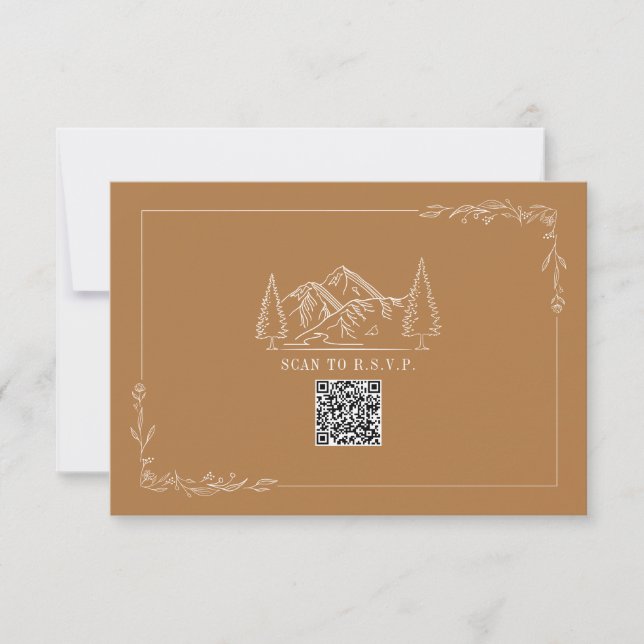 Montañas de arte de línea Goldenrod QR Boda RSVP (Anverso)