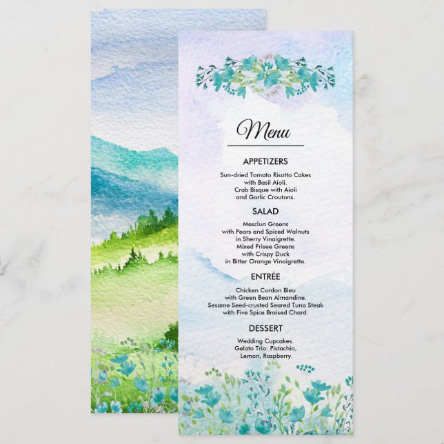 Montañas de primavera | Tarjeta de menú Boda de Fl (Anverso / Reverso)