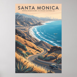 Montañas de Santa Mónica Póster de viaje vintage