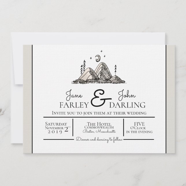 Montañas dibujadas tinta que casan la invitación (Anverso)