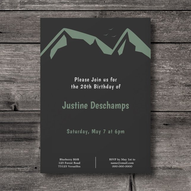 Montañas en verde - Invitación de cumpleaños negro (Mountains in Green - Black Birthday Invitation)