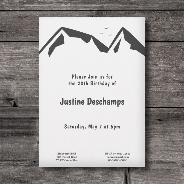 Montañas - Invitación de cumpleaños en blanco y ne (Mountains - Black and White Birthday Invitation)