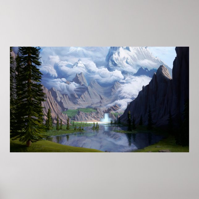 Montañas lago cascada arte digital arte 3D ilustra (Frente)