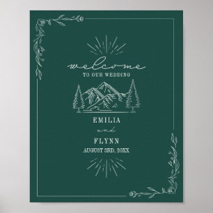 Montañas Línea de arte Boda Esmeralda Poster de bi