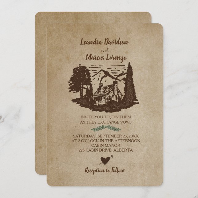 Montañas Log Cabin Invitación a la Boda Rústica (Anverso / Reverso)