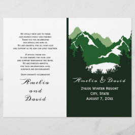 Montañas verdes y conifes plegado programa de boda