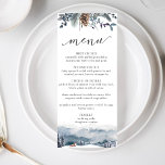 Montañas y Fox, menú de Boda floral azul rústico<br><div class="desc">Relájese con esta exquisita tarjeta de menú. Diseñar coordinando nuestras montañas y las invitaciones a la boda forestal. El diseño es independiente, con una decoración floral de color azul y rústica, y en el fondo, un paisaje de montaña, bosque y zorro delicado. Tipografía manuscrita escrita a mano en la parte...</div>