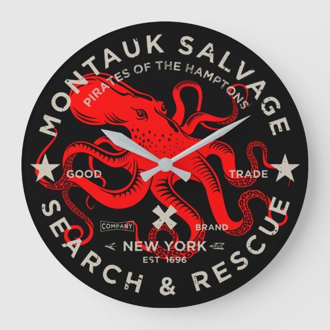 Montauk Salvage Co. Octopus Gran reloj de pared (Anverso)