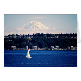 Monte Rainier, veleros en tarjeta de Puget Sound