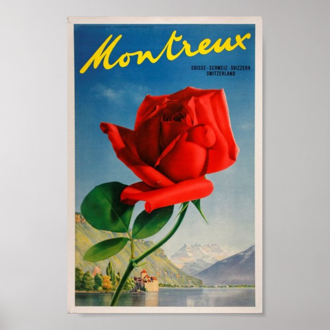 Montreux Suiza rosa arte de viaje vintage (Frente)