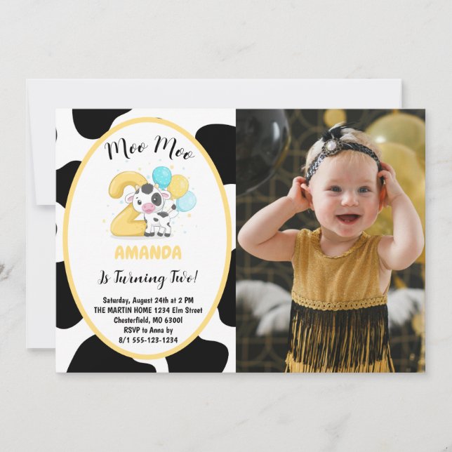 Moo Moo Cumplo Dos Invitación de Cumpleaños con Fo (Anverso)