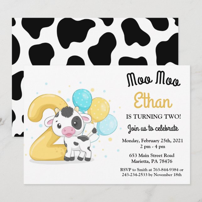 Moo Moo tengo dos Invitación de cumpleaños de vaca (Anverso / Reverso)
