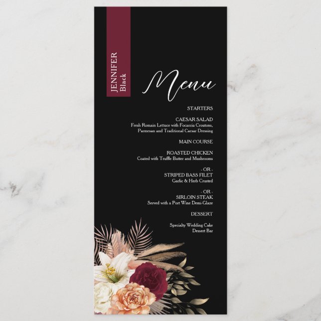 Moody Black Boda Menu con nombre de invitado (Anverso)