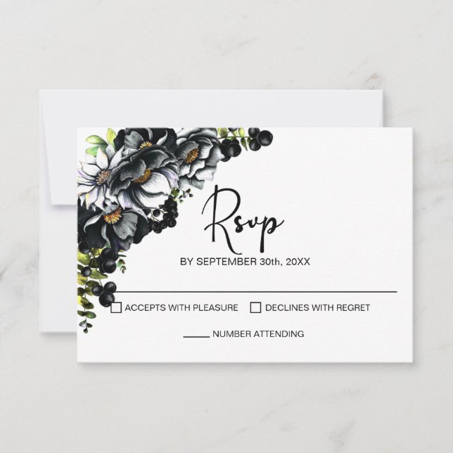 Moody Black Floral Wedding RSVP (Anverso)