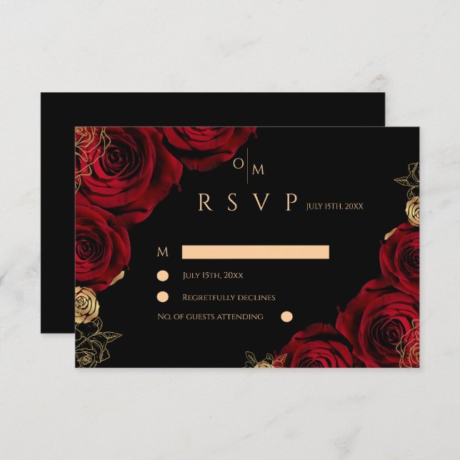 Moody Burgundy Roses Wedding RSVP card (Anverso / Reverso)
