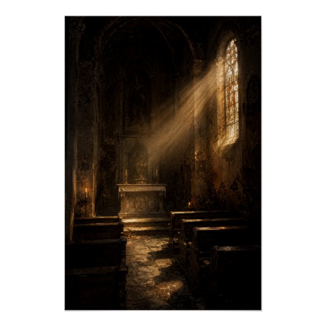 Moody Dark Academia Chapel Sunbeam Fine Art Poster (Anverso)
