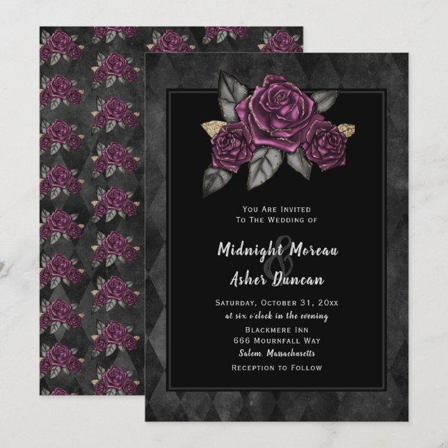 Moody Gothic Rosa Invitación a la Boda Negra (Anverso / Reverso)