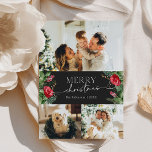 Moody Grey Guión Moderno 3 Foto Feliz Navidad<br><div class="desc">Esta colección cuenta con flores de color agua rojo,  bayas y vegetación de invierno con tipografía moderna y elegante,  con un patrón botánico de invierno.</div>