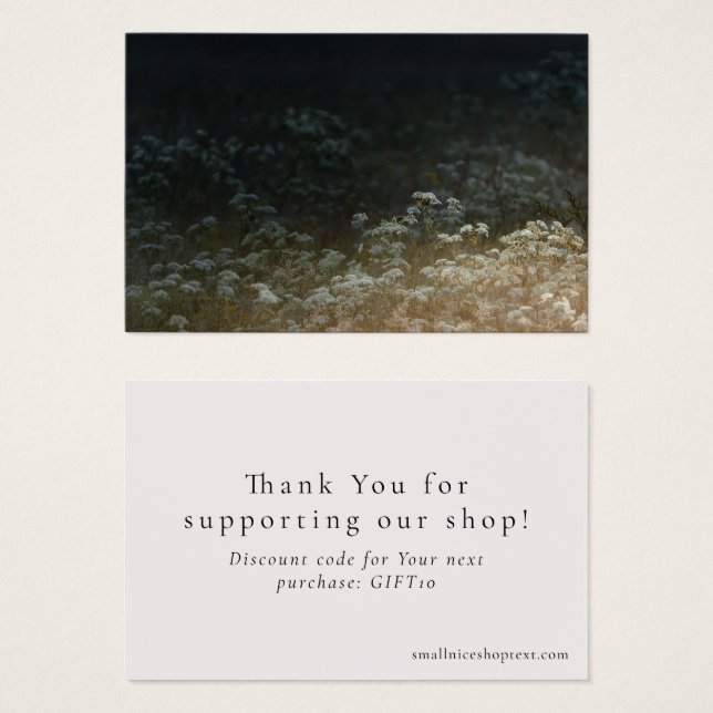 Moody meadow shop thank you card with discount (Anverso y reverso)