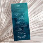 Moody Ocean Watercolor Boda Menú de cena<br><div class="desc">El menú de la cena boda de la acuarela del océano es perfecto para su boda boho tropical. Está diseñado con minimalistas hojas tropicales blancas y un impresionante fondo azul-verde oscuro.</div>