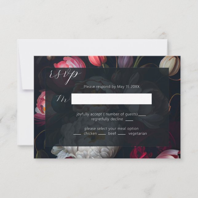 Moody Peony páintero Boda negro tarjeta RSVP (Anverso)