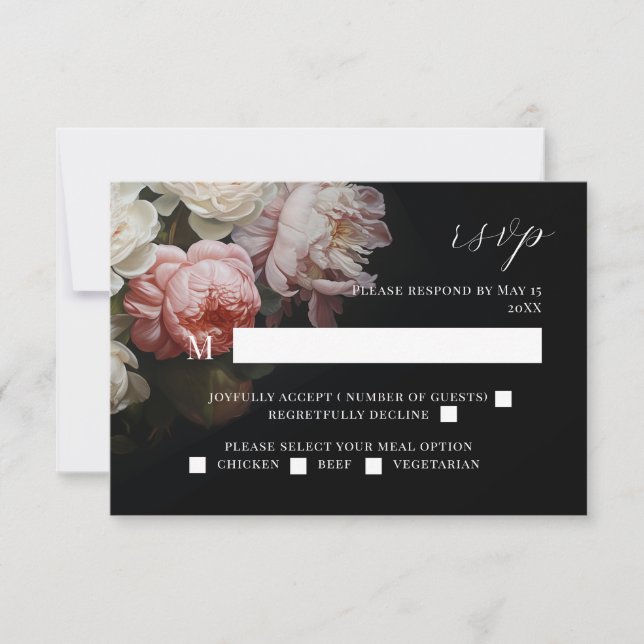 Moody Peony Rosa Boda floral Tarjeta RSVP negra (Anverso)