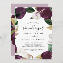 Moody Purple Blooms Lilac Back Wedding Invitación