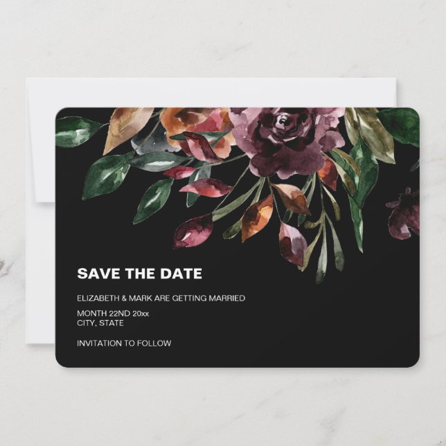 Moody Watercolor Florals Black Save the Date (Anverso)