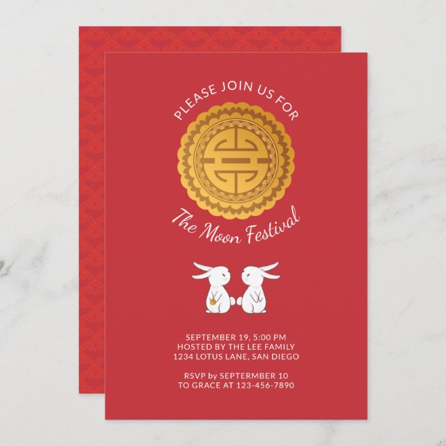 Moon Festival Mooncake Rabbit Invitación (Anverso / Reverso)