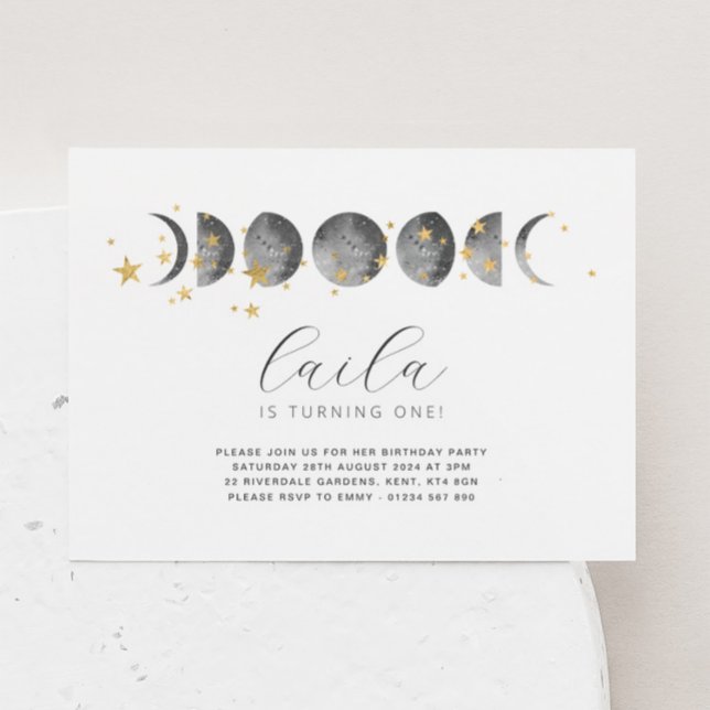 Moon Phases Gold Stars Invitación al cumpleaños (Subido por el creador)