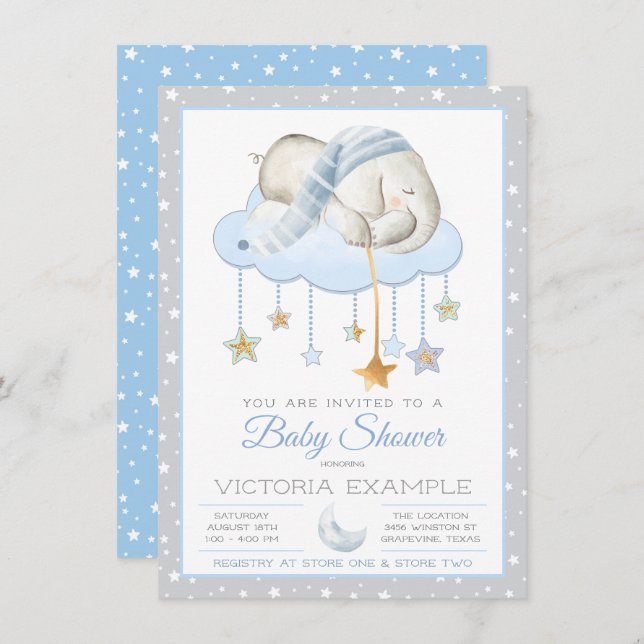 Moon Stars Boy Elephant Baby Shower Invitaciones (Anverso / Reverso)