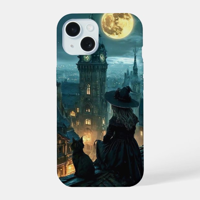 ​ Moonlit Gothic Witch & Black Cat Rooftop iPhone  (Reverso )