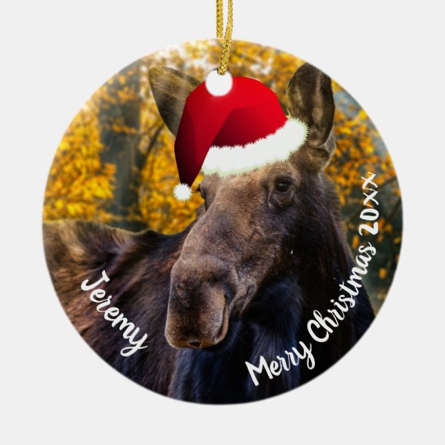 Moose en el ornamento cerámico de Santa Hat (Frente)