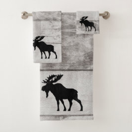 Moose Silhouette Gray Wood Pattern Bath Toalla Set